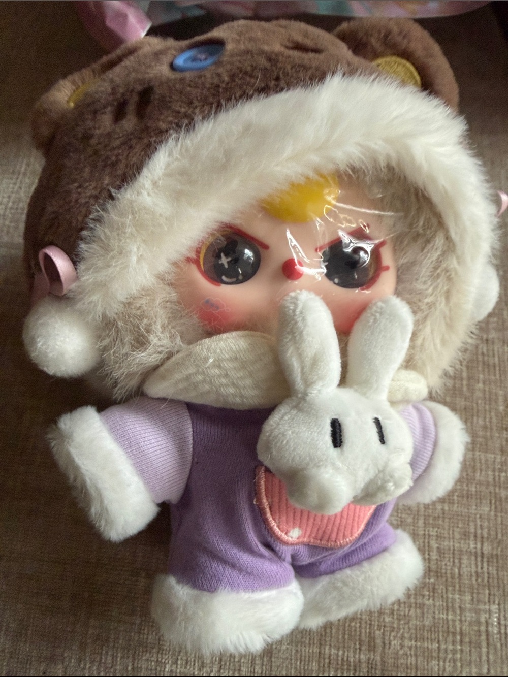 Baby three Plush Baby Doll in Purple Winter Outfit with Bunny